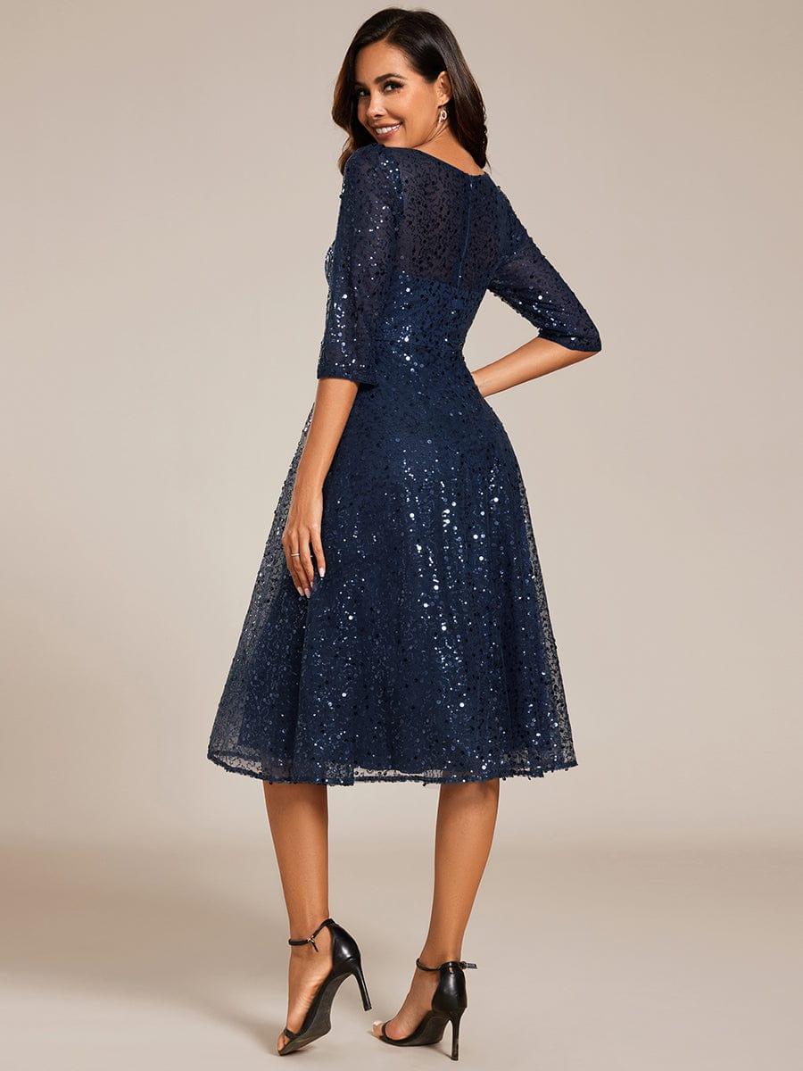Sparkly A-Line Sequin Round Neck Wedding Guest Dress with  3/4 Sleeves