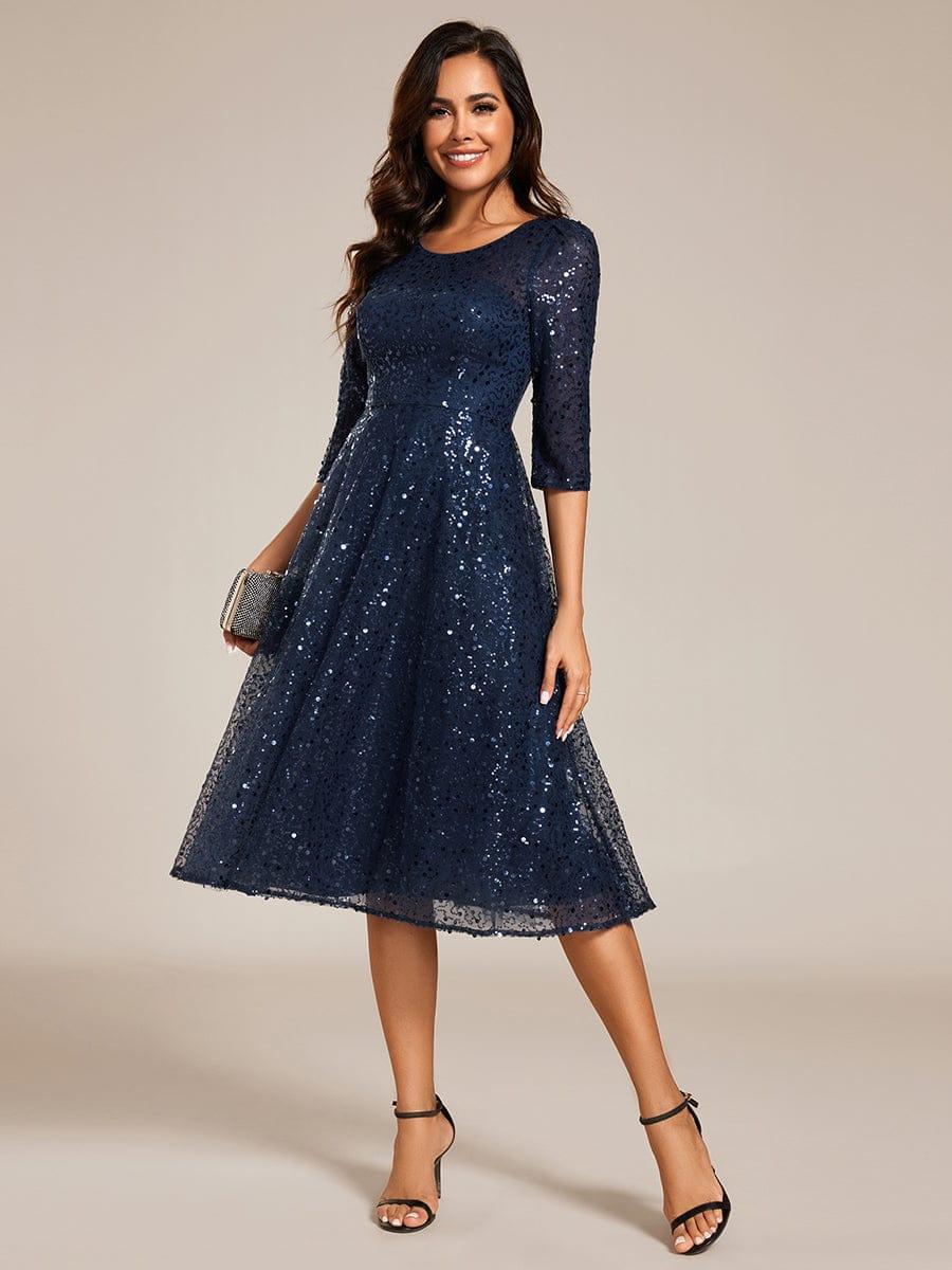 Sparkly A-Line Sequin Round Neck Wedding Guest Dress with  3/4 Sleeves
