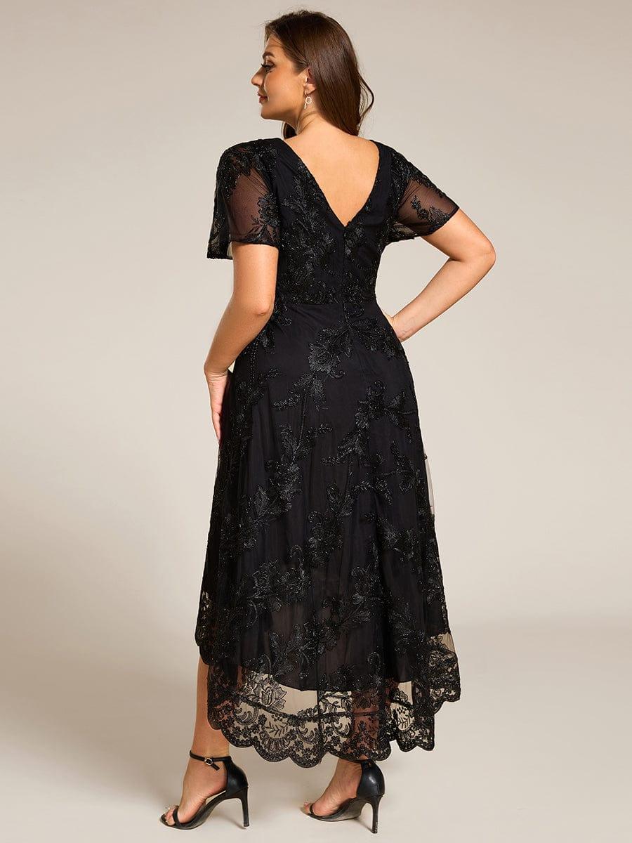 Embroidered A-Line Plus Size Short Sleeves V-Neck Wedding Guest Dress