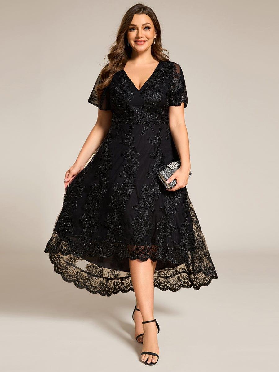 Embroidered A-Line Plus Size Short Sleeves V-Neck Wedding Guest Dress