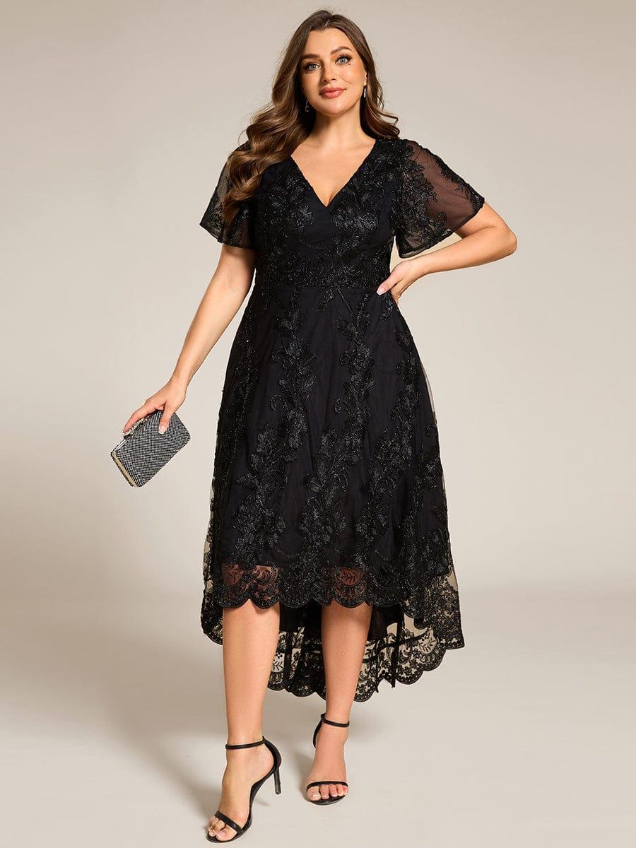 Embroidered A-Line Plus Size Short Sleeves V-Neck Wedding Guest Dress