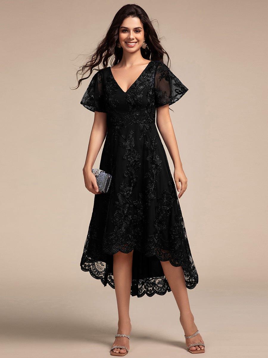 A-Line Embroidered V-Neck Short Sleeves Empire-Waist Wedding Guest Dress