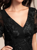 A-Line Embroidered V-Neck Short Sleeves Empire-Waist Wedding Guest Dress
