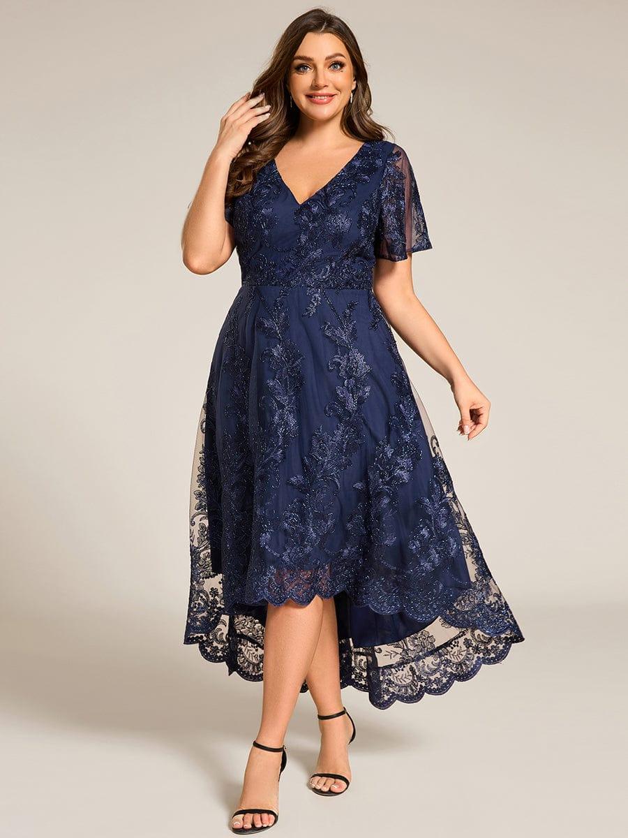 Embroidered A-Line Plus Size Short Sleeves V-Neck Wedding Guest Dress