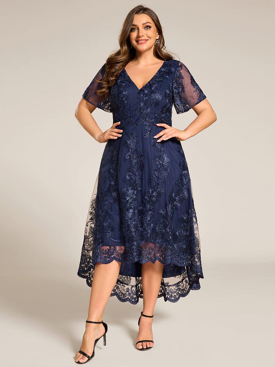 Embroidered A-Line Plus Size Short Sleeves V-Neck Wedding Guest Dress