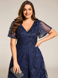 Embroidered A-Line Plus Size Short Sleeves V-Neck Wedding Guest Dress