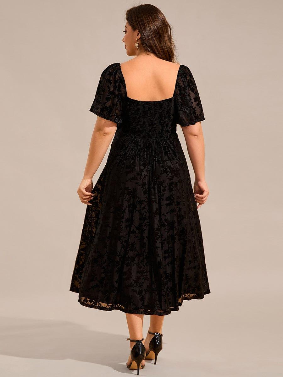 Plus Size A-Line Printed Velvet Short Sleeve Tea Length Wedding Guest Dress