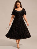 Plus Size A-Line Printed Velvet Short Sleeve Tea Length Wedding Guest Dress