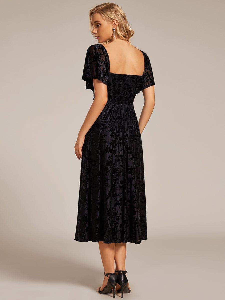 Elegant A-Line Floral Short Sleeve Tea Length Velvet Wedding Guest Dress