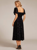 Elegant A-Line Floral Short Sleeve Tea Length Velvet Wedding Guest Dress