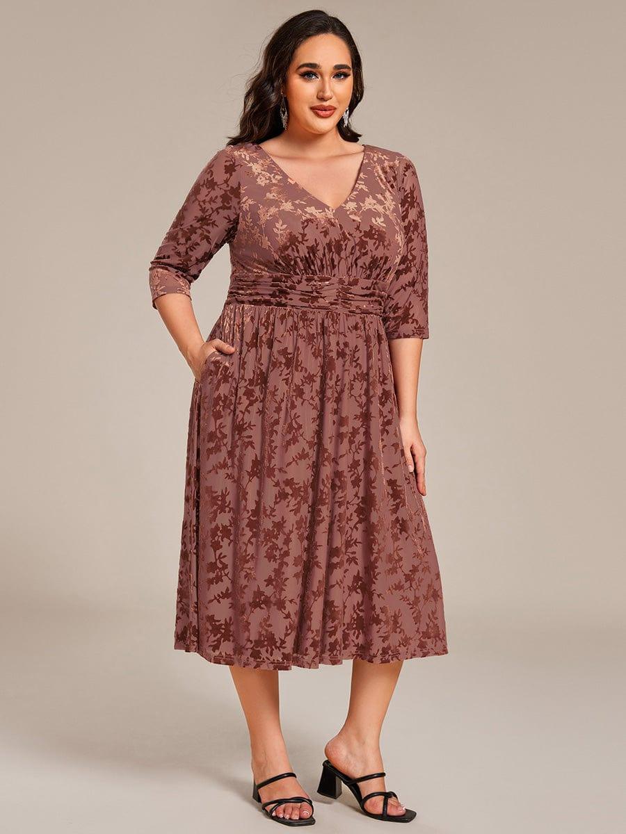 Plus Size A-Line Half Sleeves Floral Velvet Wedding Guest Dress with Pockets