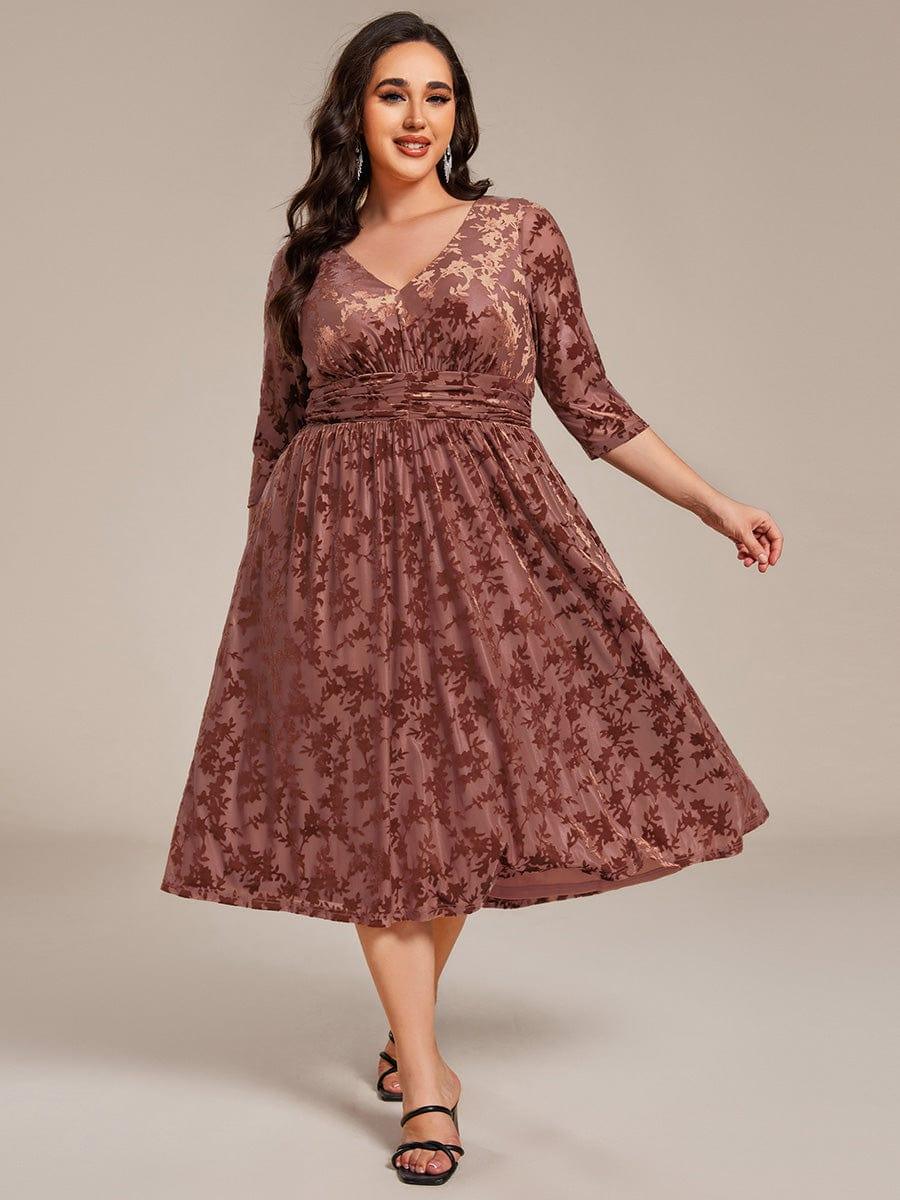 Plus Size A-Line Half Sleeves Floral Velvet Wedding Guest Dress with Pockets
