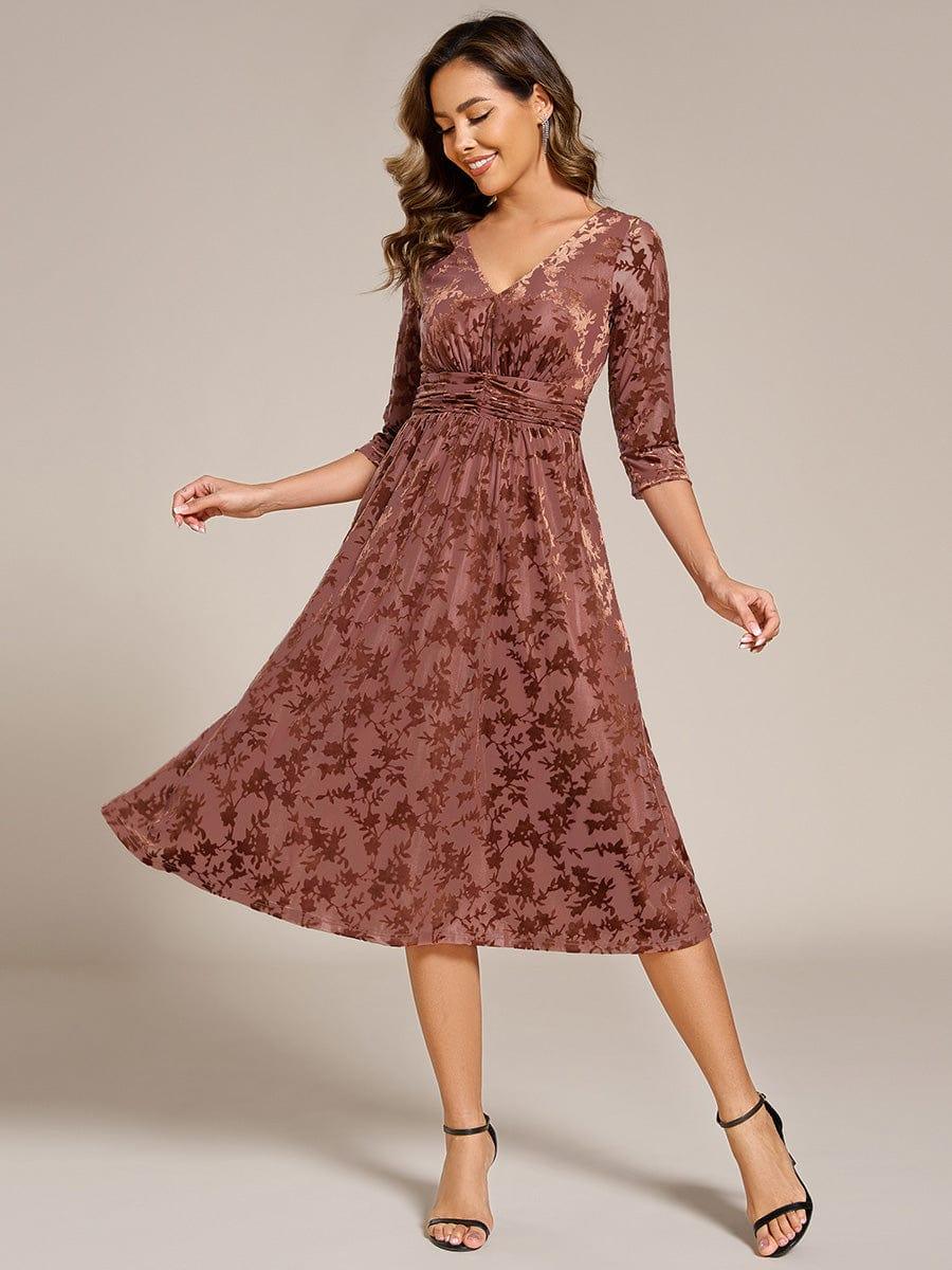 A-Line Floral Velvet V-Neck Pleated Wedding Guest Dress with Sleeves