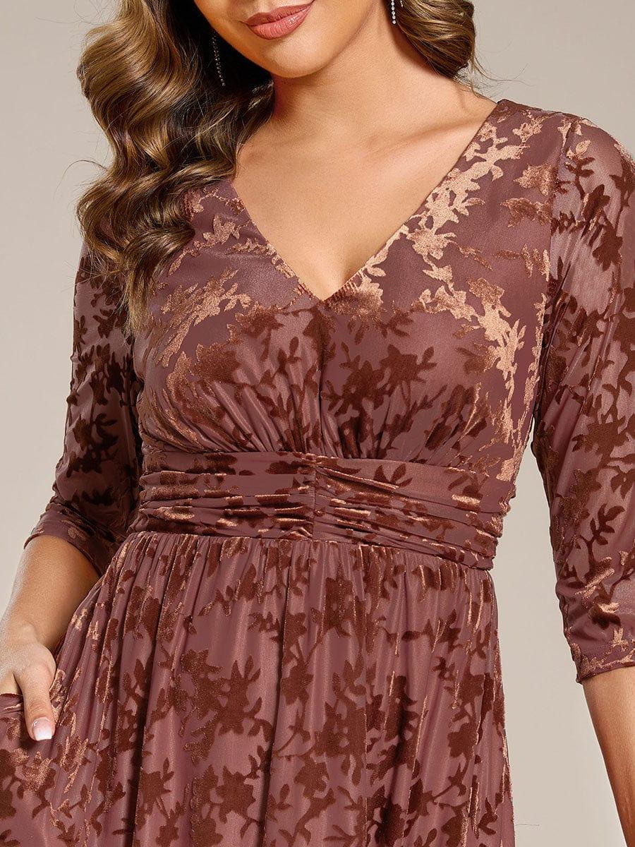 A-Line Floral Velvet V-Neck Pleated Wedding Guest Dress with Sleeves