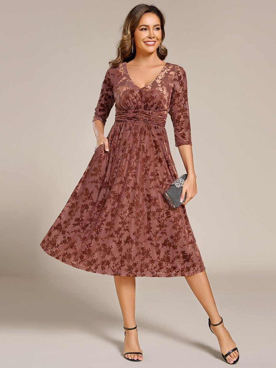 A-Line Floral Velvet V-Neck Pleated Wedding Guest Dress with Sleeves
