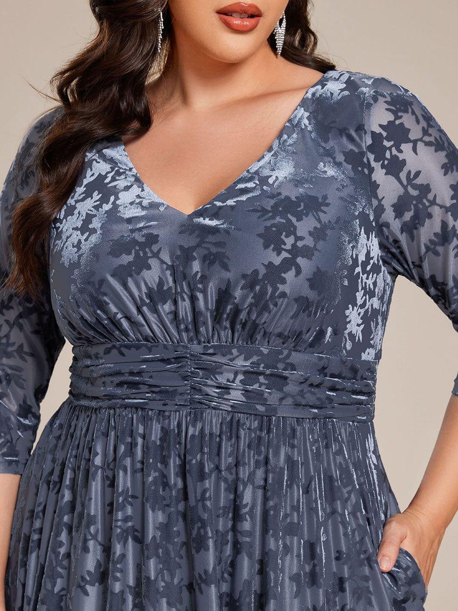 Plus Size A-Line Half Sleeves Floral Velvet Wedding Guest Dress with Pockets