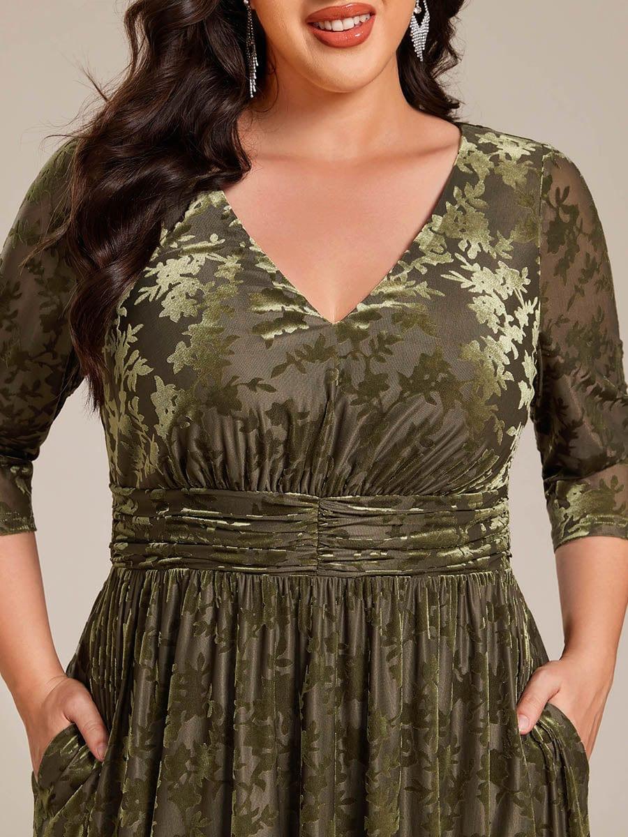 A-Line Floral Velvet V-Neck Pleated Wedding Guest Dress with Sleeves