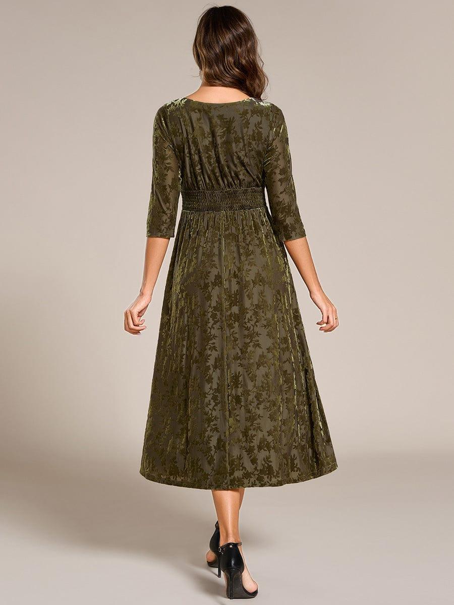 A-Line Floral Velvet V-Neck Pleated Wedding Guest Dress with Sleeves