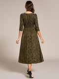 A-Line Floral Velvet V-Neck Pleated Wedding Guest Dress with Sleeves