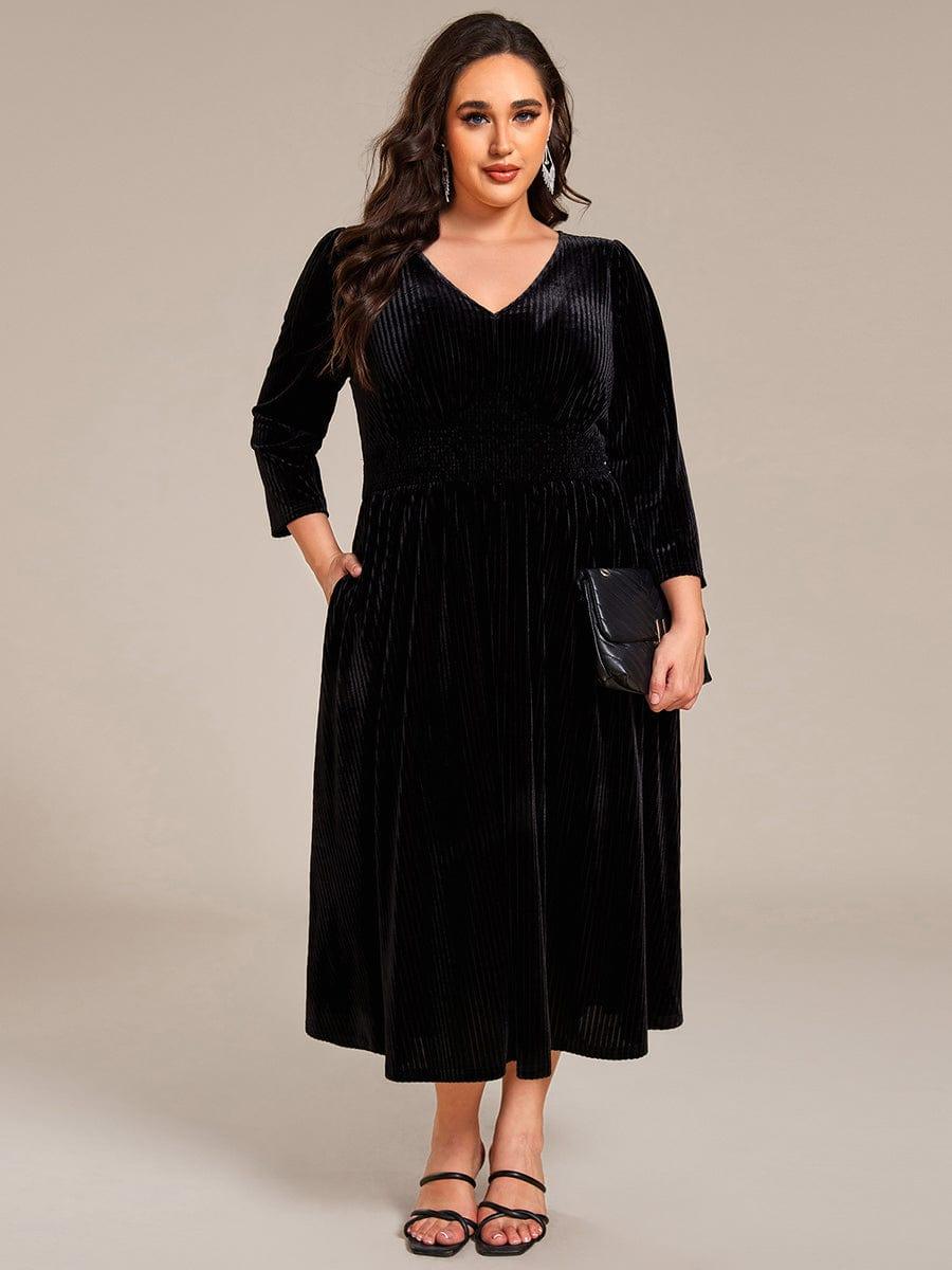 Plus Size A-Line V-Neck Pleated Velvet  Wedding Guest Dress with Pocket