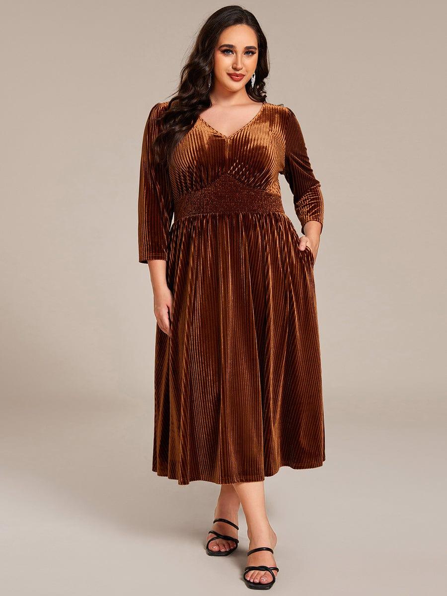 Plus Size A-Line V-Neck Pleated Velvet  Wedding Guest Dress with Pocket