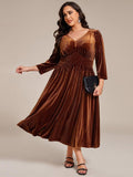 Plus Size A-Line V-Neck Pleated Velvet  Wedding Guest Dress with Pocket