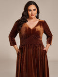 Plus Size A-Line V-Neck Pleated Velvet  Wedding Guest Dress with Pocket