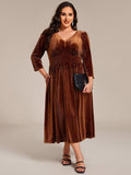 Plus Size A-Line V-Neck Pleated Velvet  Wedding Guest Dress with Pocket