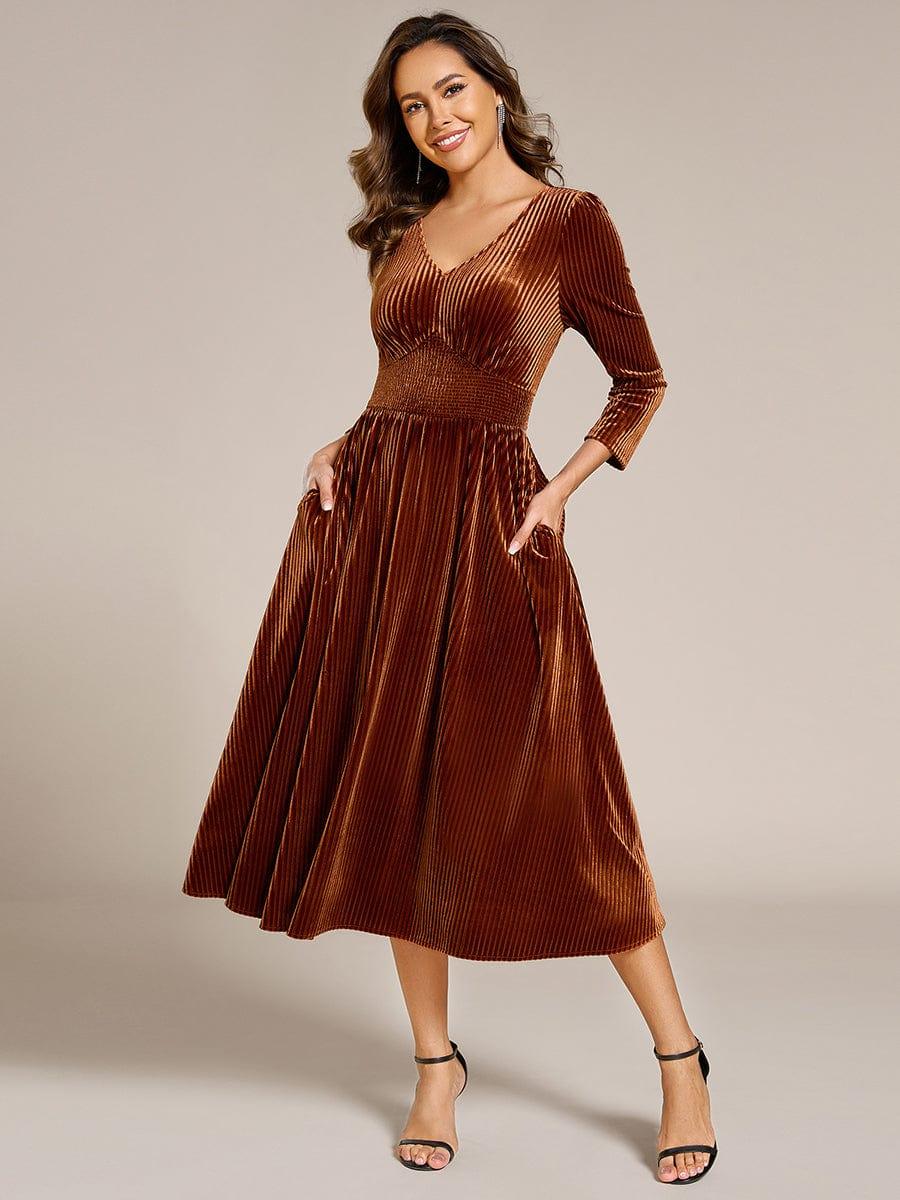 A-Line Long Sleeves Velvet V-Neck with Pocket Wedding Guest Dress