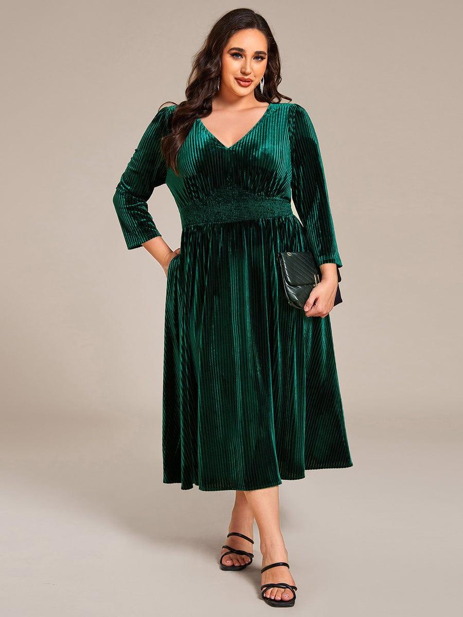 Plus Size A-Line V-Neck Pleated Velvet  Wedding Guest Dress with Pocket