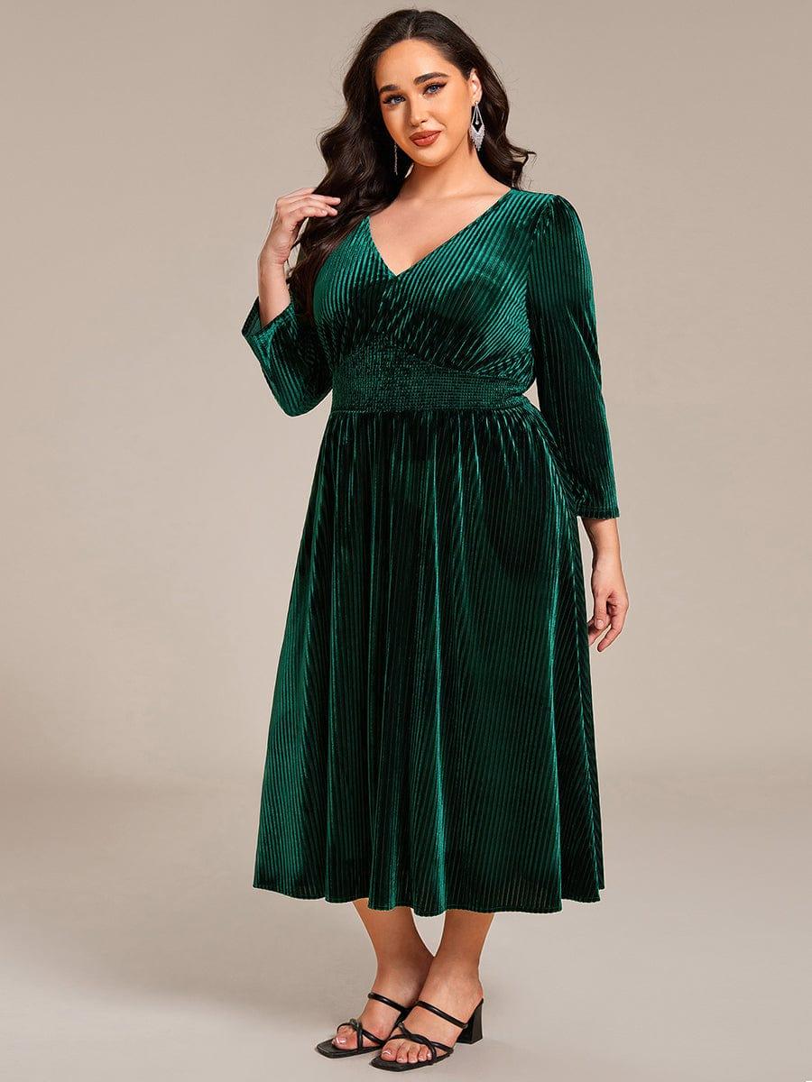 Plus Size A-Line V-Neck Pleated Velvet  Wedding Guest Dress with Pocket
