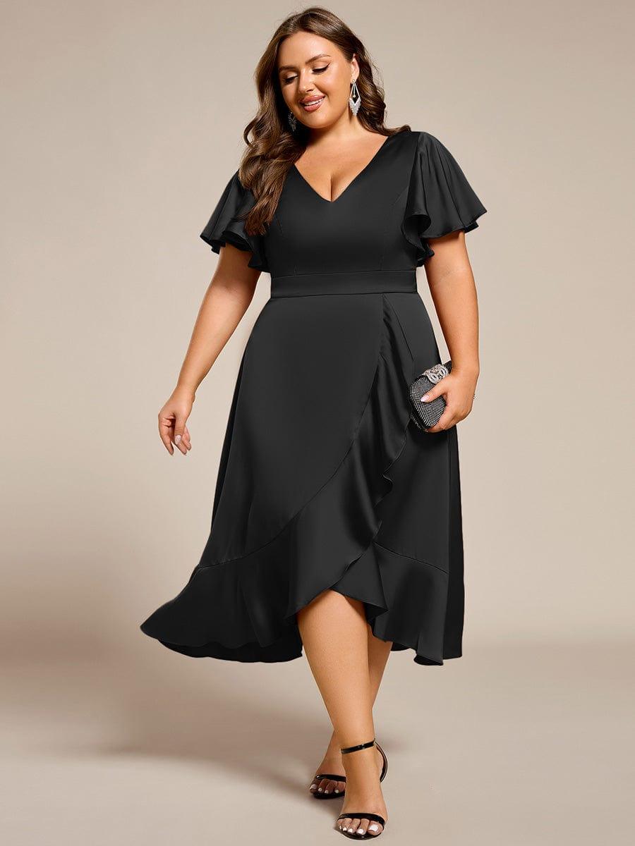 A-Line V-Neck Short Sleeves Satin Ruffles Wedding Guest Dress