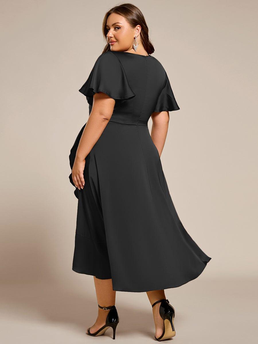 A-Line V-Neck Short Sleeves Satin Ruffles Wedding Guest Dress