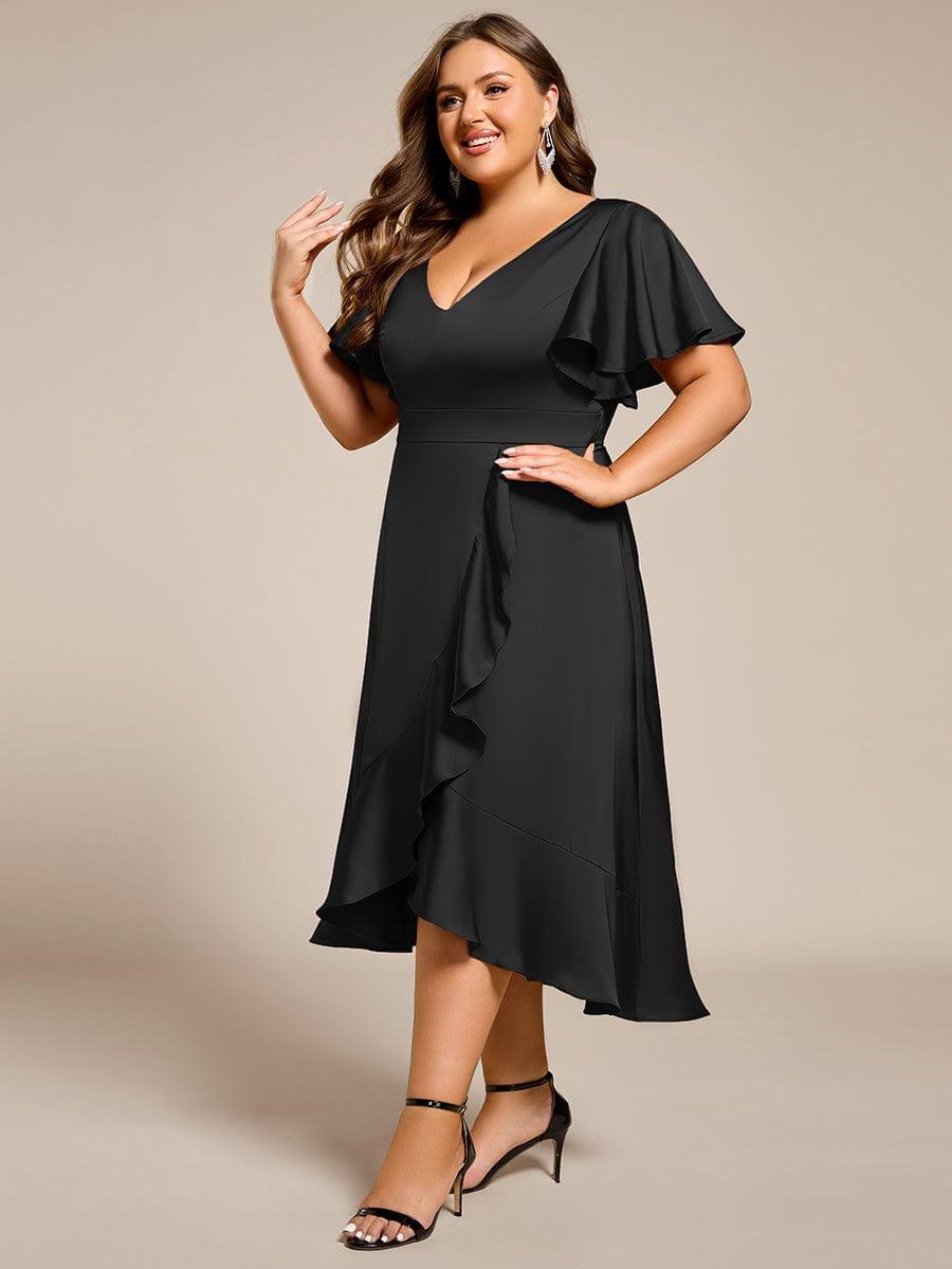 A-Line V-Neck Short Sleeves Satin Ruffles Wedding Guest Dress