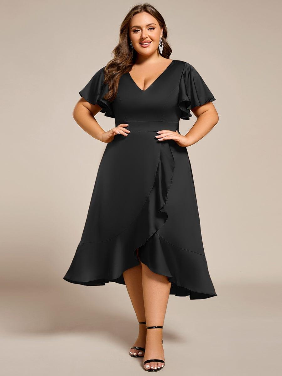 A-Line V-Neck Short Sleeves Satin Ruffles Wedding Guest Dress