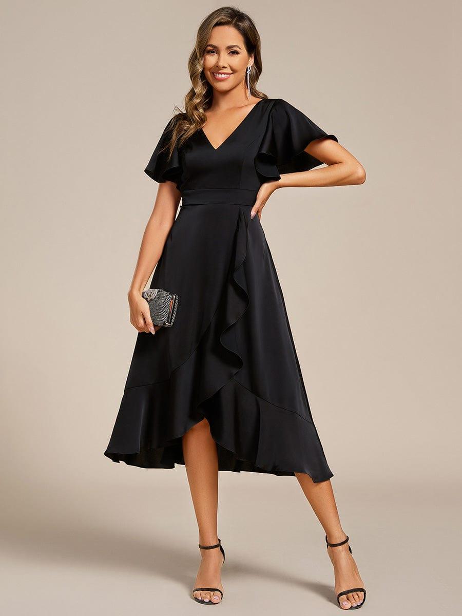 A-Line V-Neck Short Sleeves Satin Ruffles Wedding Guest Dress