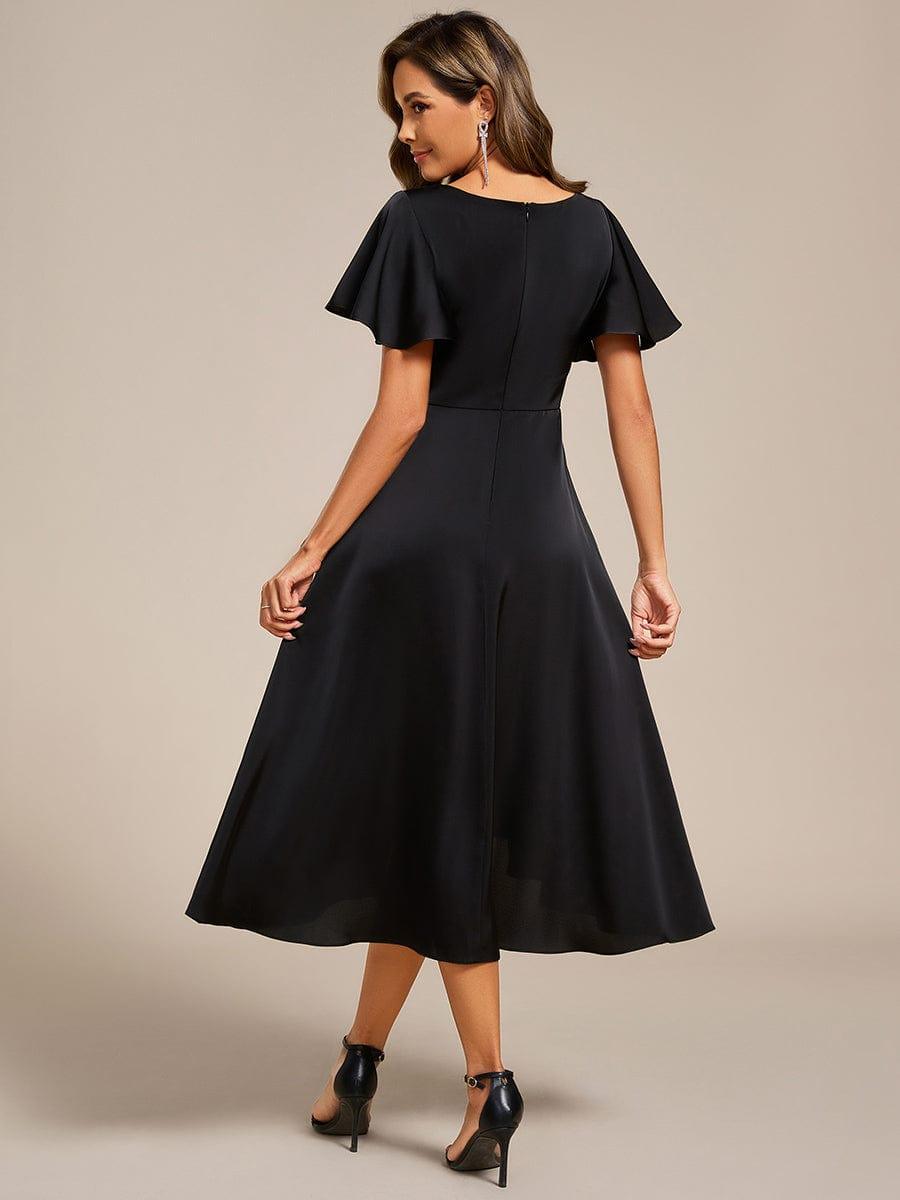 A-Line V-Neck Short Sleeves Satin Ruffles Wedding Guest Dress