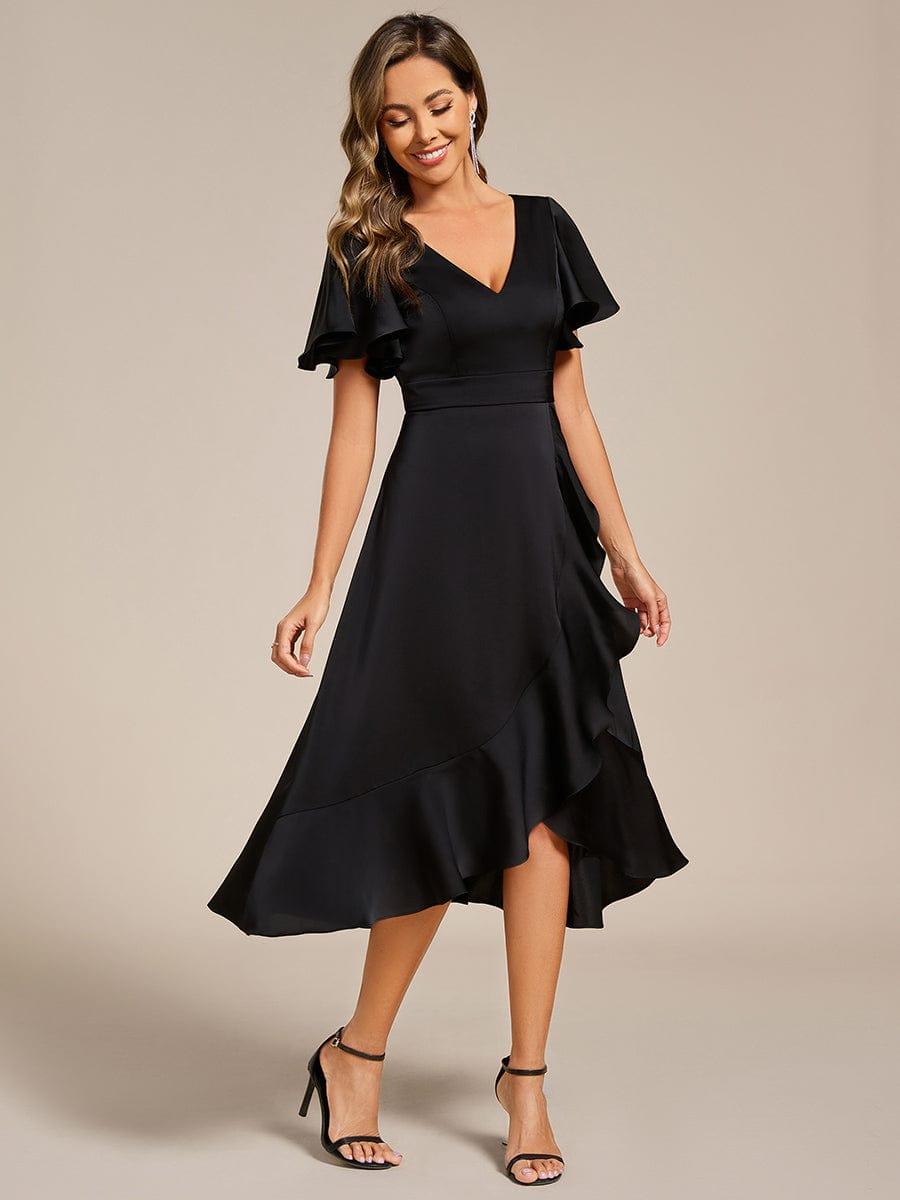 A-Line V-Neck Short Sleeves Satin Ruffles Wedding Guest Dress