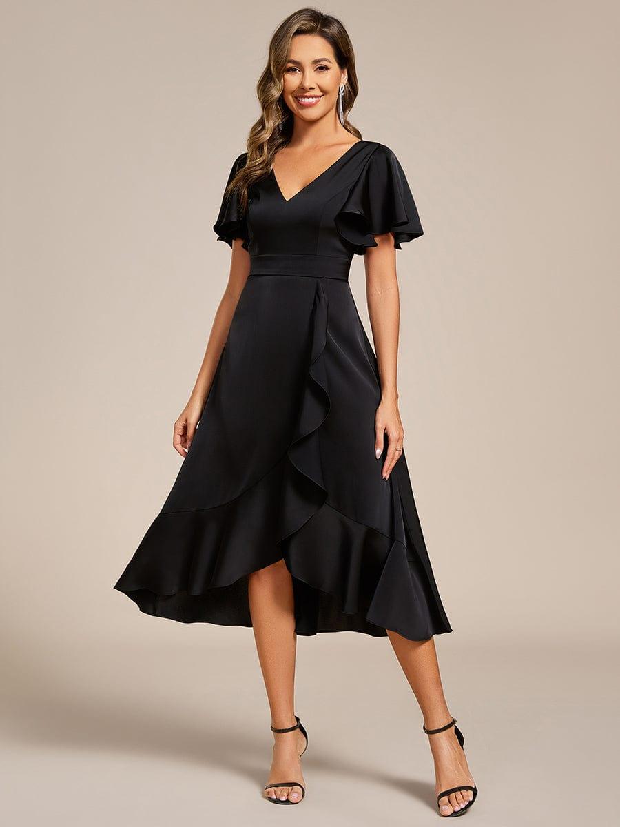 A-Line V-Neck Short Sleeves Satin Ruffles Wedding Guest Dress