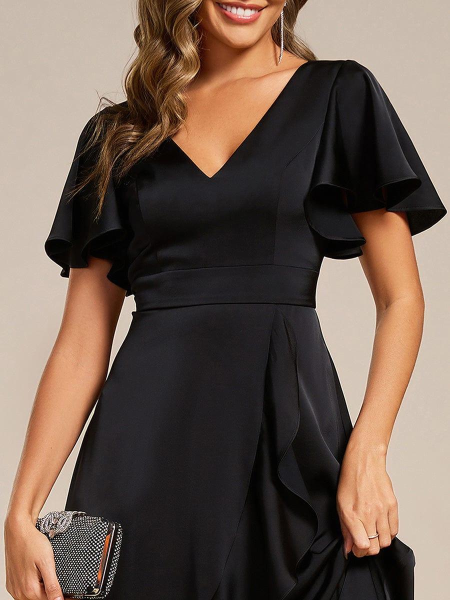 A-Line V-Neck Short Sleeves Satin Ruffles Wedding Guest Dress
