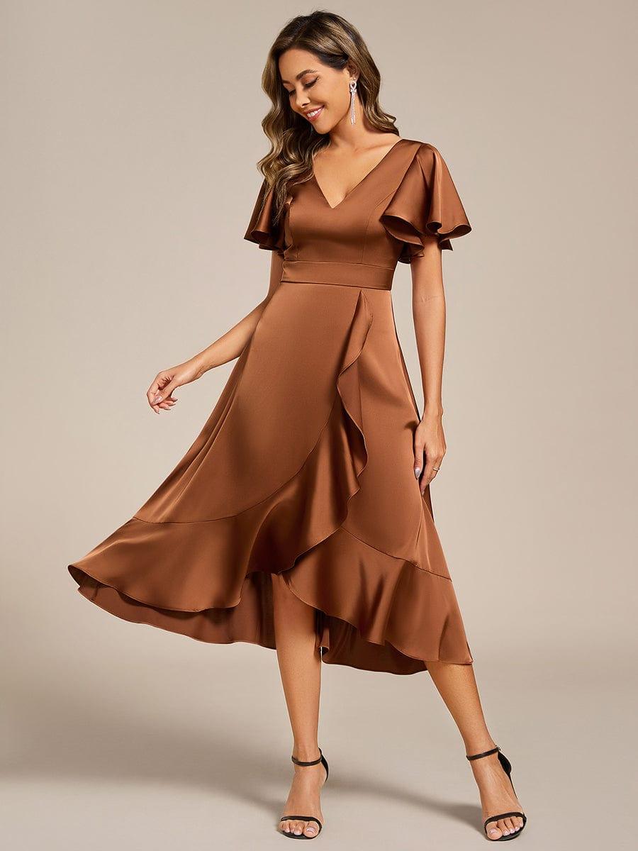 A-Line V-Neck Short Sleeves Satin Ruffles Wedding Guest Dress