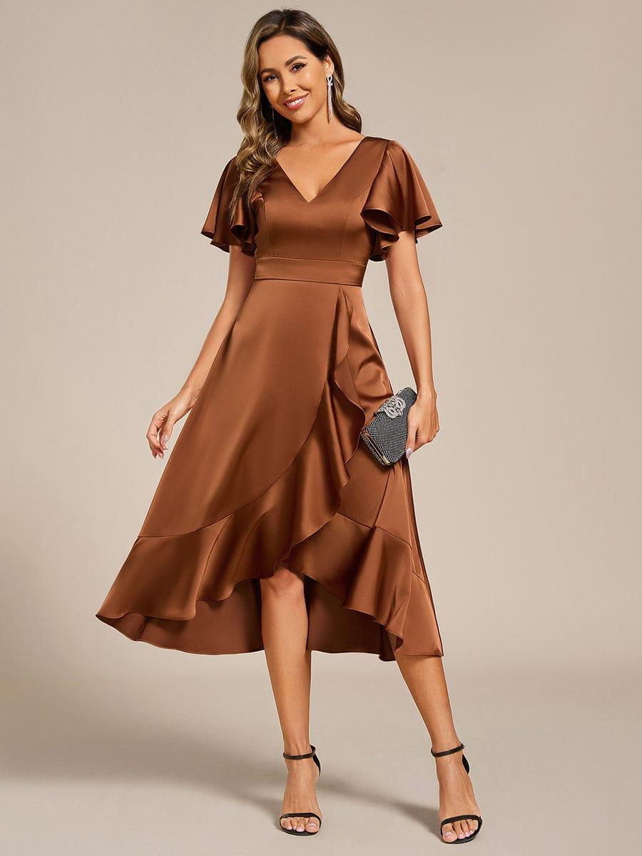 A-Line V-Neck Short Sleeves Satin Ruffles Wedding Guest Dress