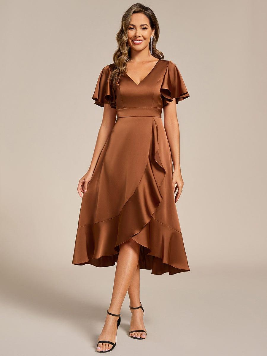 A-Line V-Neck Short Sleeves Satin Ruffles Wedding Guest Dress