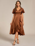 A-Line V-Neck Short Sleeves Satin Ruffles Wedding Guest Dress