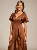 A-Line V-Neck Short Sleeves Satin Ruffles Wedding Guest Dress