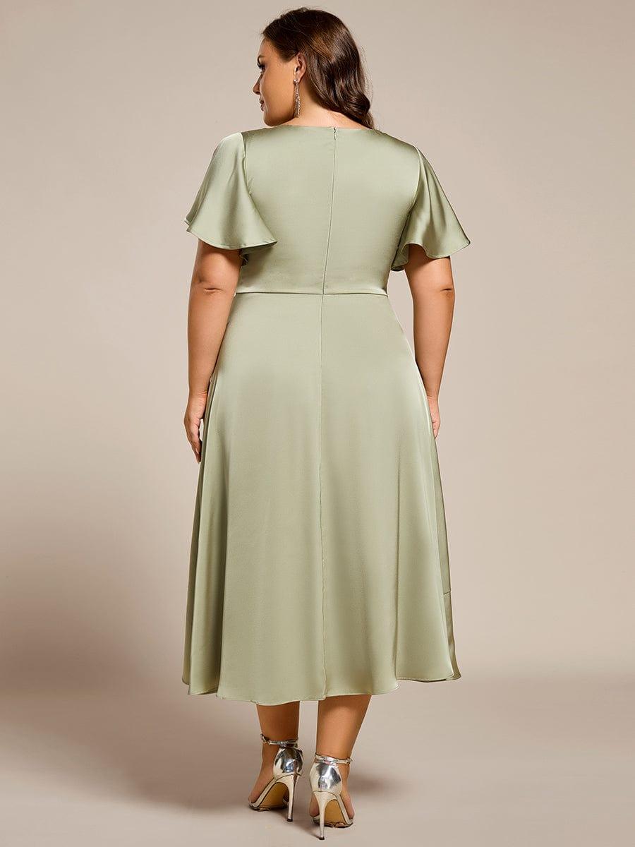 Plus Size A-Line V-Neck Satin Ruffles Midi Wedding Guest Dress
