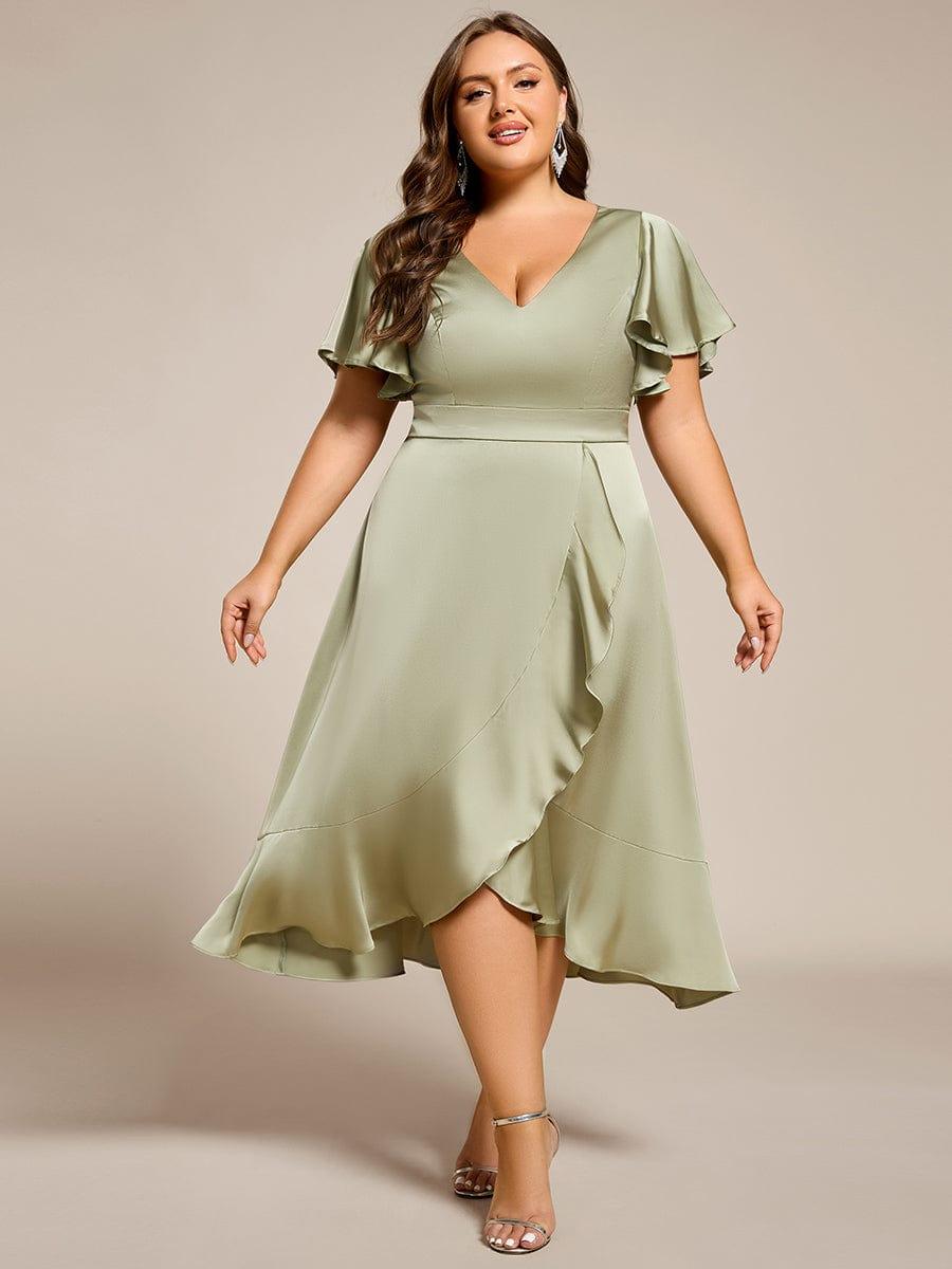 Plus Size A-Line V-Neck Satin Ruffles Midi Wedding Guest Dress