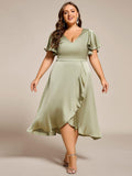 Plus Size A-Line V-Neck Satin Ruffles Midi Wedding Guest Dress