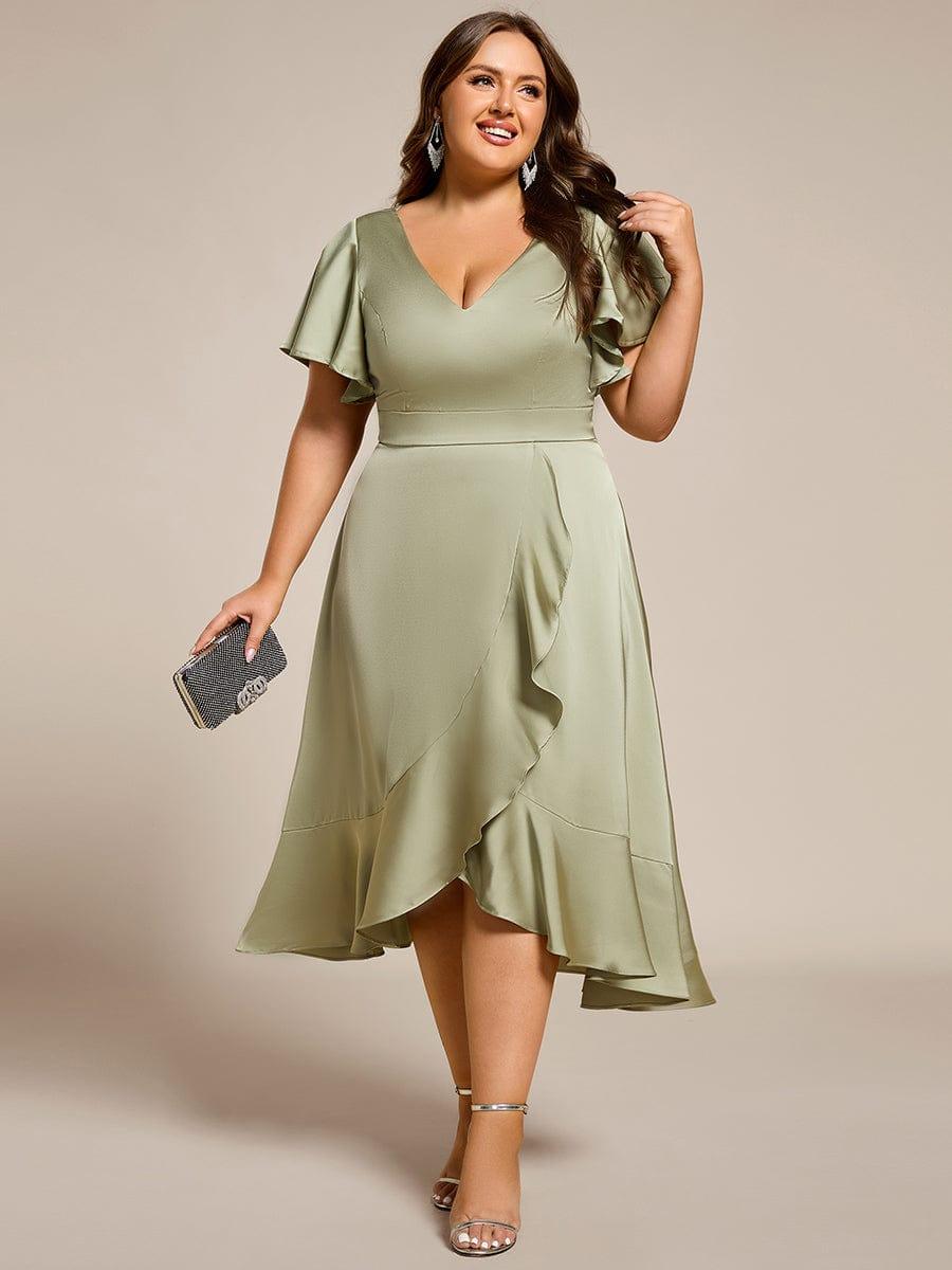 Plus Size A-Line V-Neck Satin Ruffles Midi Wedding Guest Dress