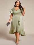 Plus Size A-Line V-Neck Satin Ruffles Midi Wedding Guest Dress